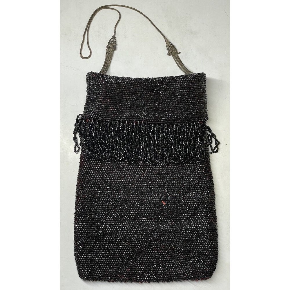 Antique Vintage 20th C.  Dark Black Red Beaded Flapper Art Deco Glass Purse Bag